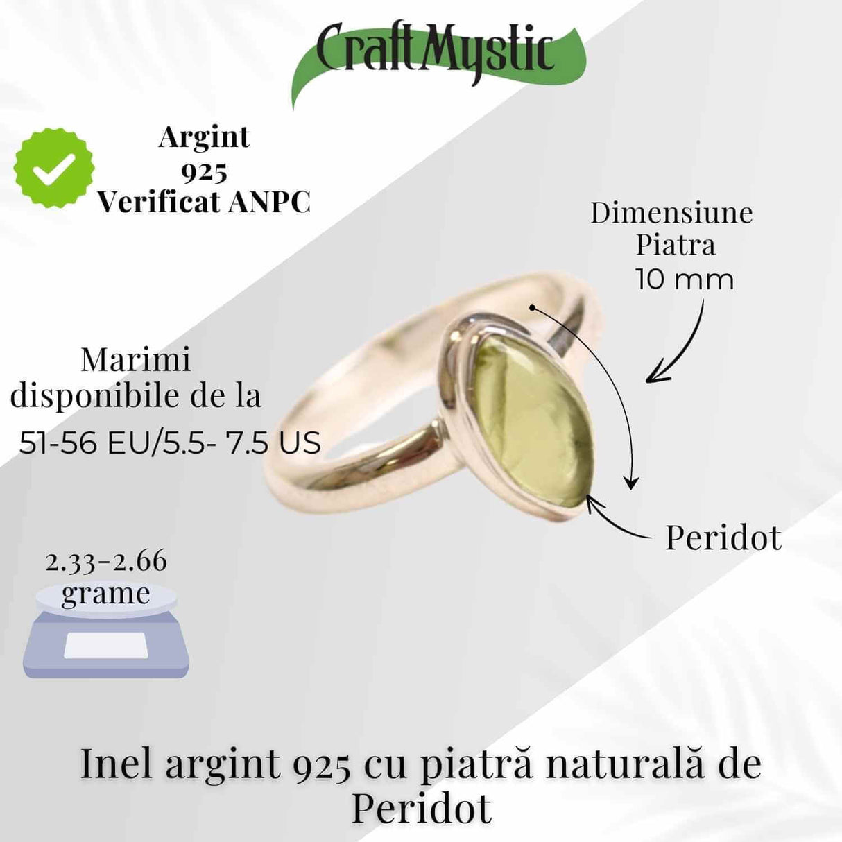 Inel argint 925 cu Peridot natural forma delica- Vitalitate si Prosperitate