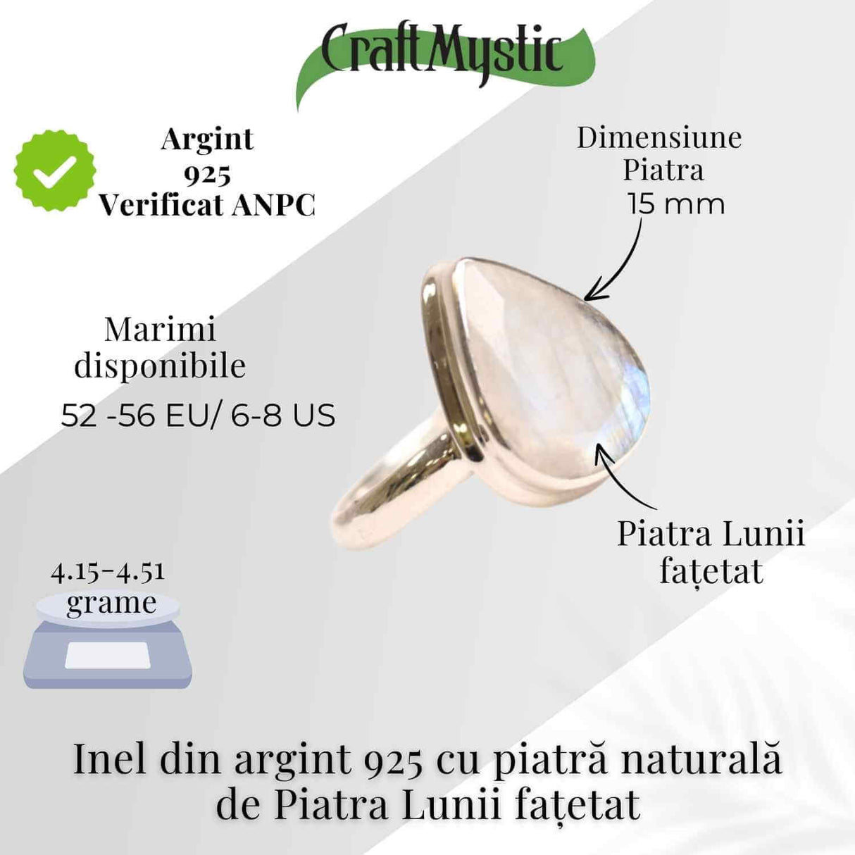 Inel Argint 925 cu Piatra Lunii Fatetata in Forma de Lacrima - Intuitie si Echilibru Emotional