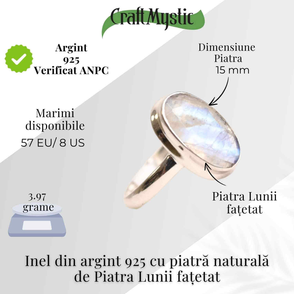 Inel Argint 925 cu Piatra Lunii Fatetat Ovala - Intuitie si Echilibru Emotional