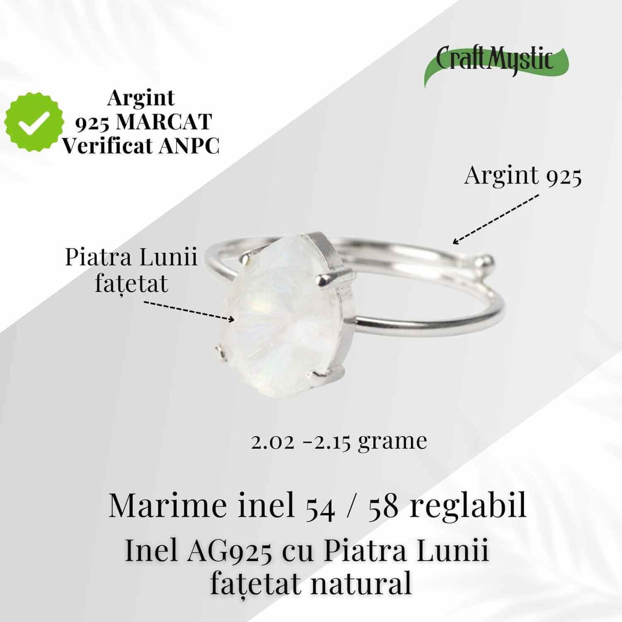 Inel reglabil din argint 925 cu piatra lunii fatetat, pentru calm si echilibru interior