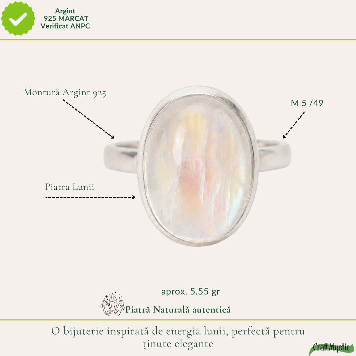 Inel Argint 925 cu Piatra Lunii Ovala – Intuitie, Armonie si Eleganta Naturala