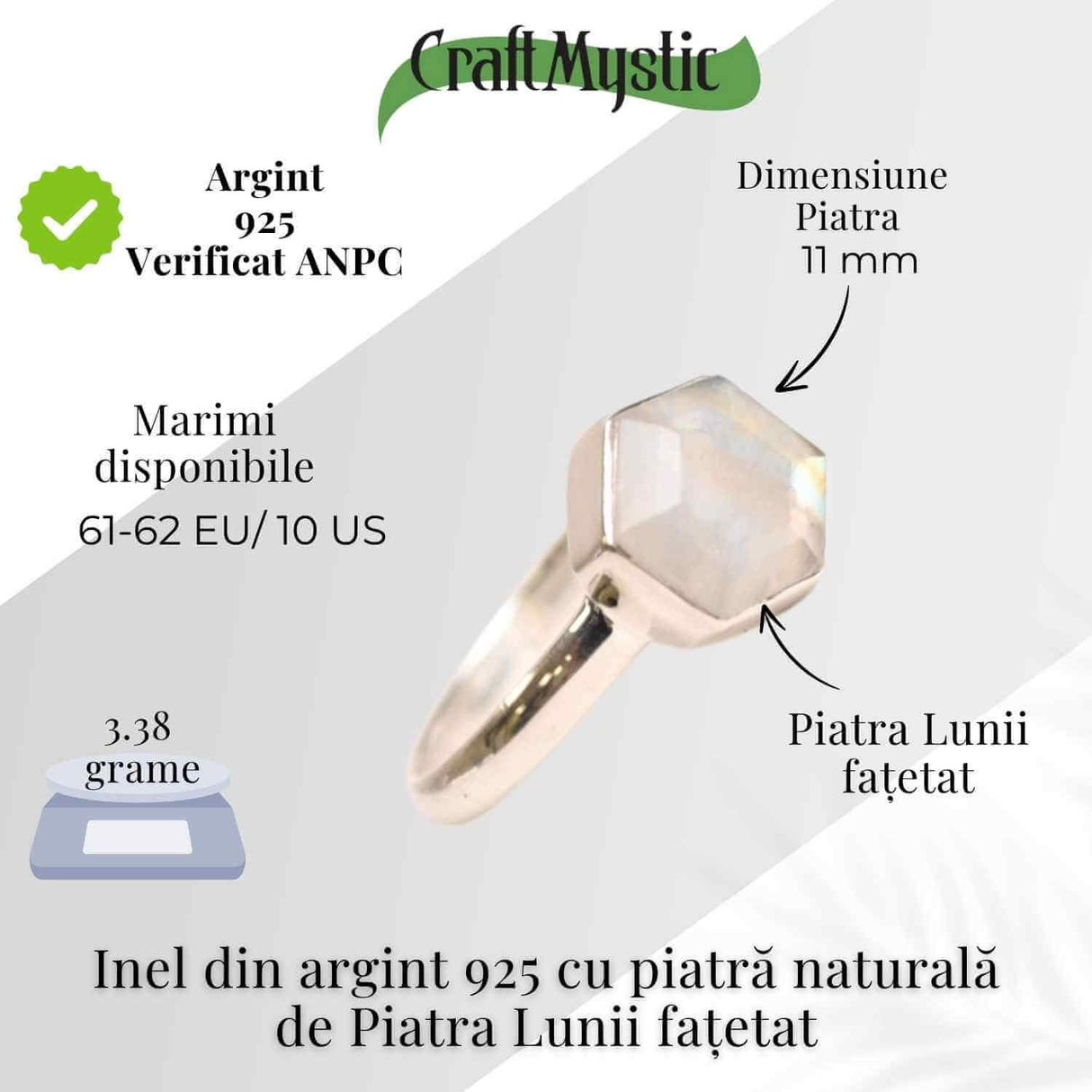 Inel Argint 925 cu Piatra Lunii Fatetata Hexagon - Intuitie si Feminin Sacru