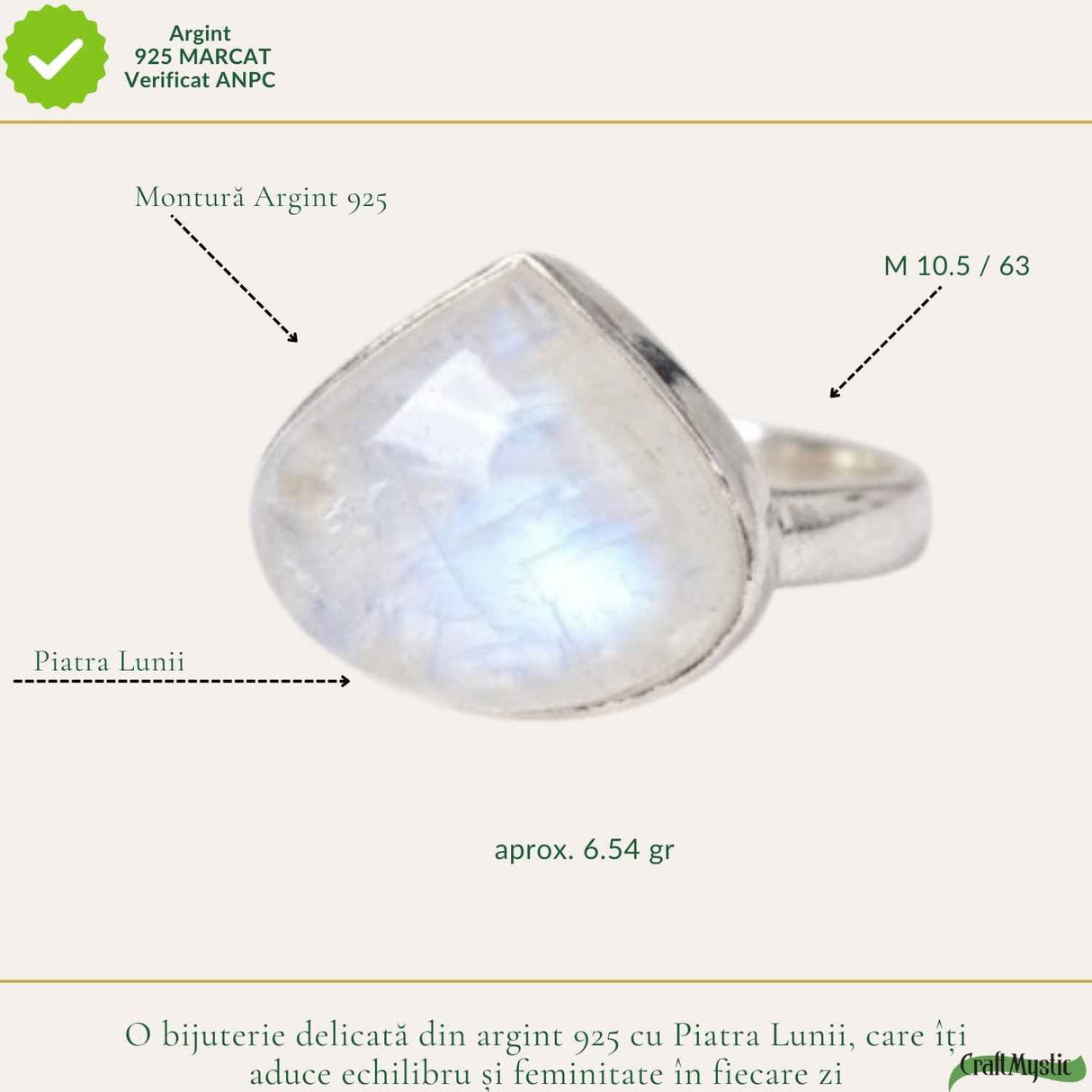 Inel Argint 925 cu Piatra Lunii Lacrima – Echilibru si Intuitie Profunda