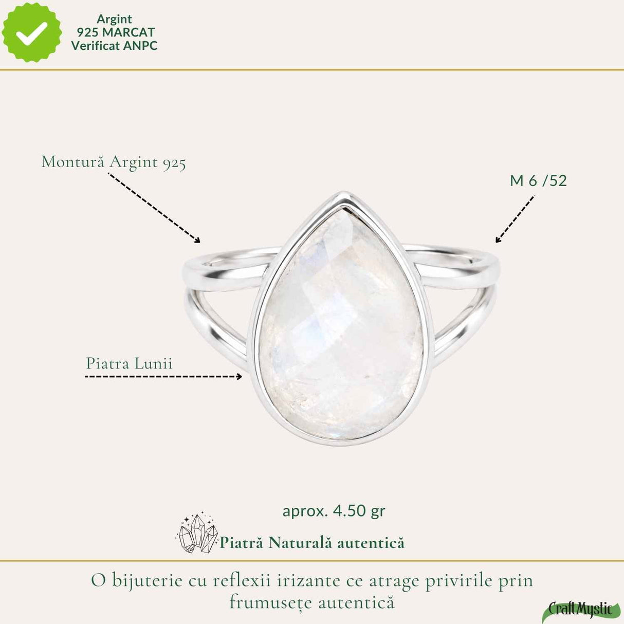 Inel Argint 925 cu Piatra Lunii Fatetata Lacrima – Intuitie si Eleganta Feminina