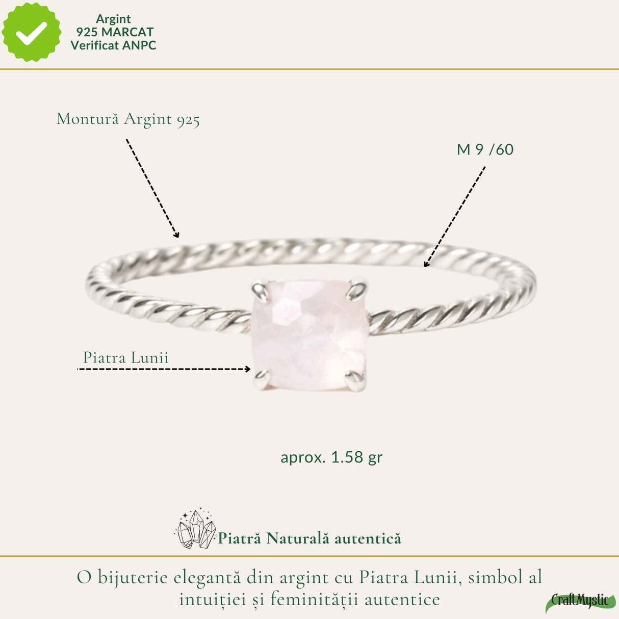 Inel argint 925 rasucit piatra lunii patrata – intuitie si echilibru