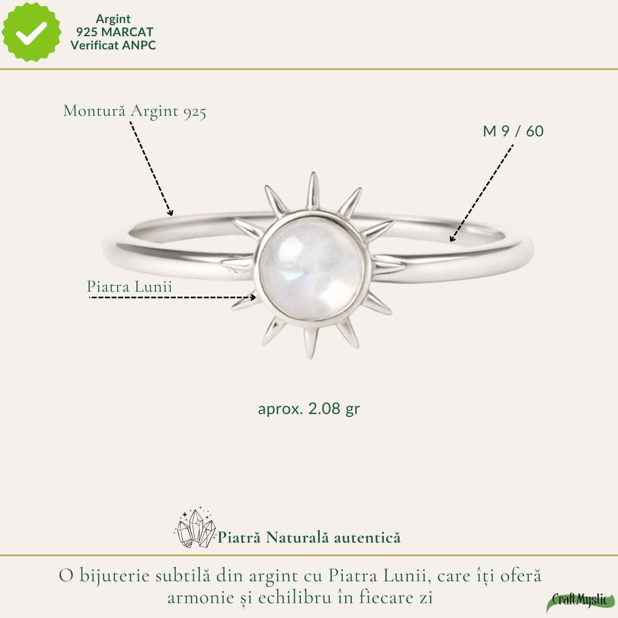 Inel Argint 925 cu Piatra Lunii si Soare – Feminitate si Echilibru Interior