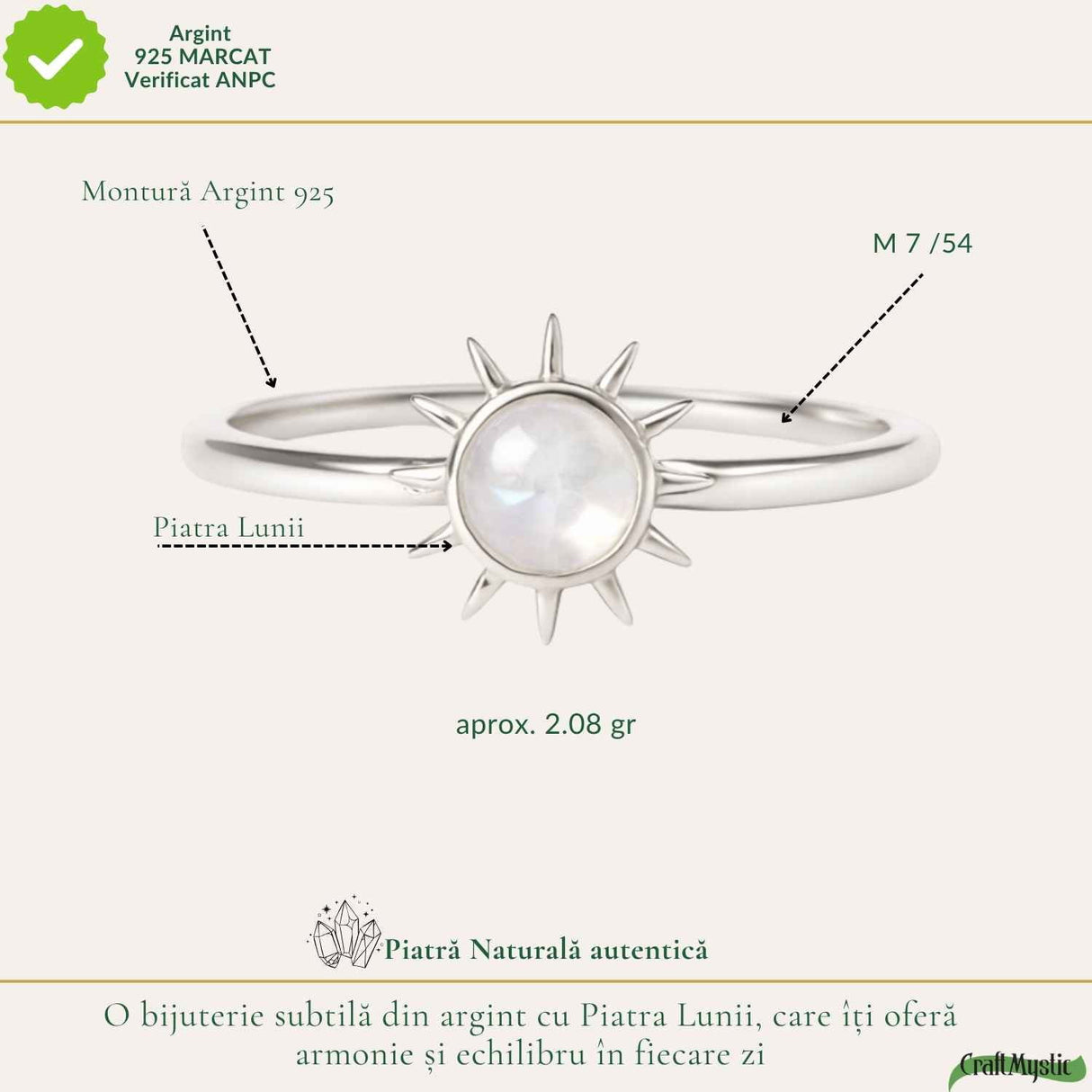 Inel Argint 925 cu Piatra Lunii si Soare – Feminitate si Echilibru Interior