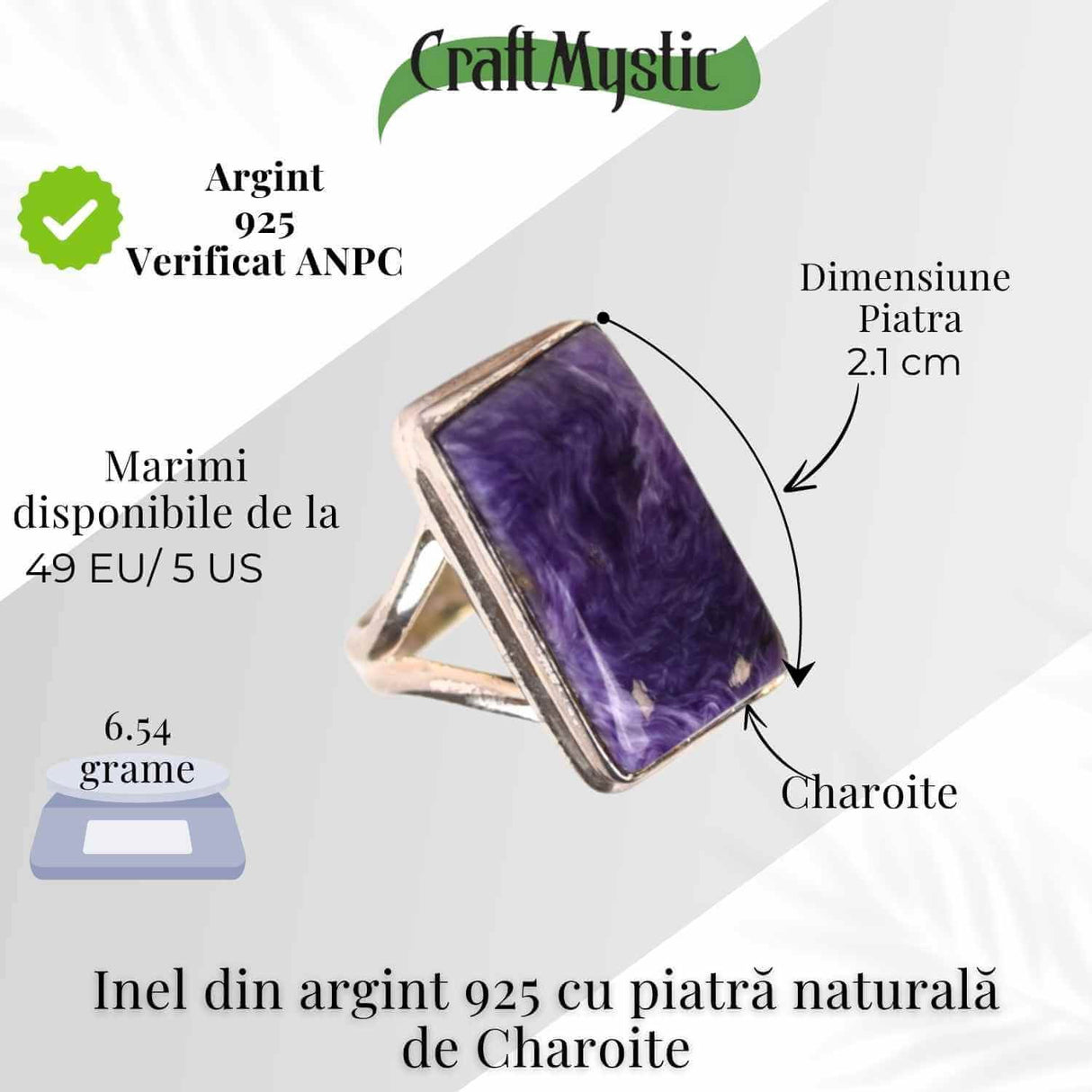 Inel argint 925 cu piatra naturala Charoite dreptunghi - Claritate si Transformare