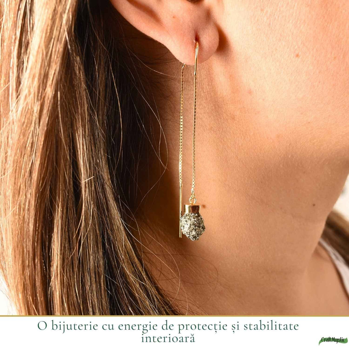 Cercei argint 925 aur 18K cu Pirita bruta – protectie si energie de prosperitate