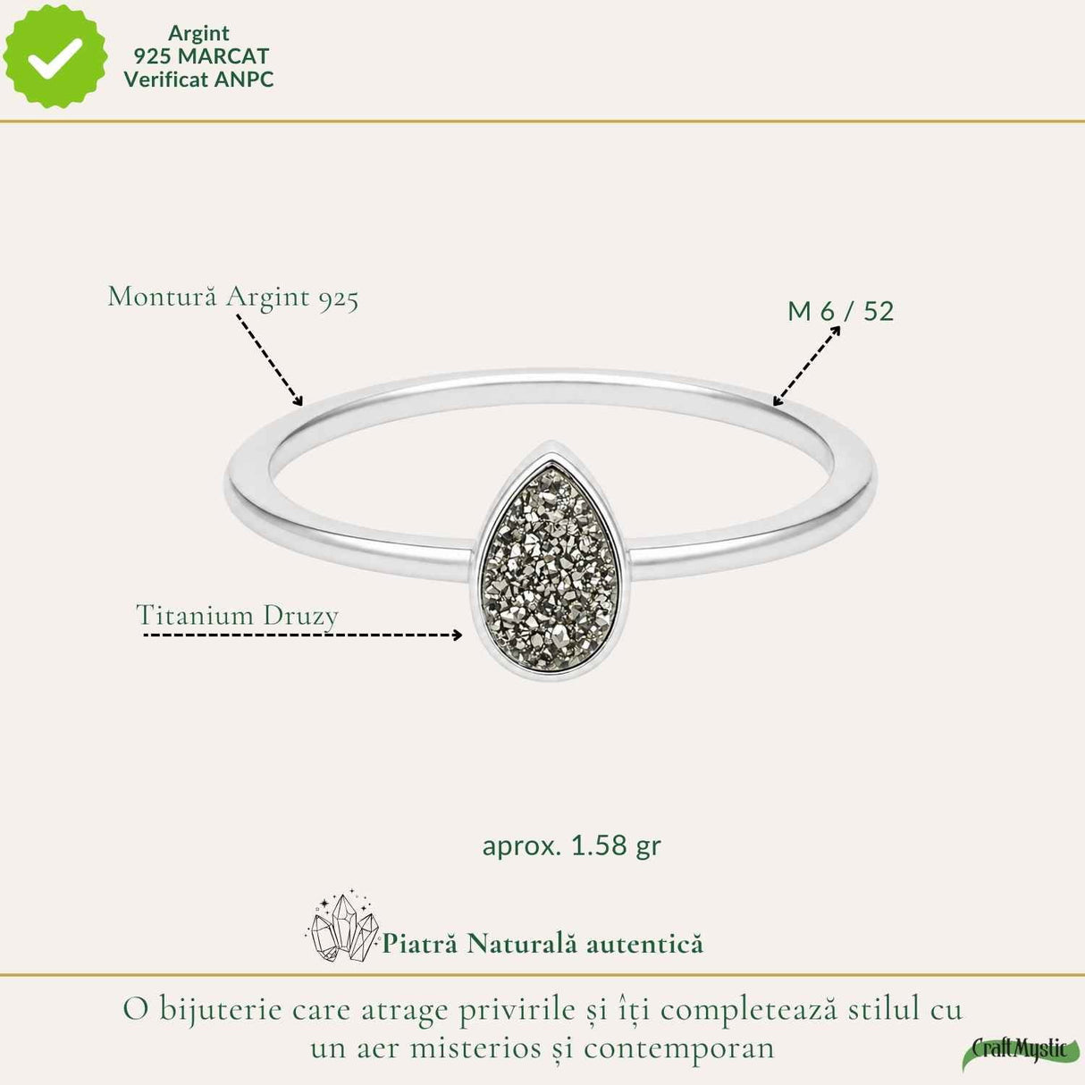 Inel argint 925 cu Titanium Druzy lacrima – stralucire si energie pozitiva