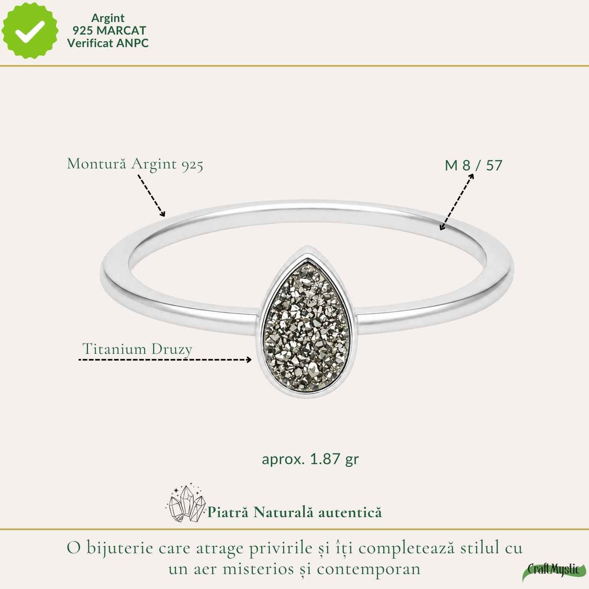 Inel argint 925 cu Titanium Druzy lacrima – stralucire si energie pozitiva
