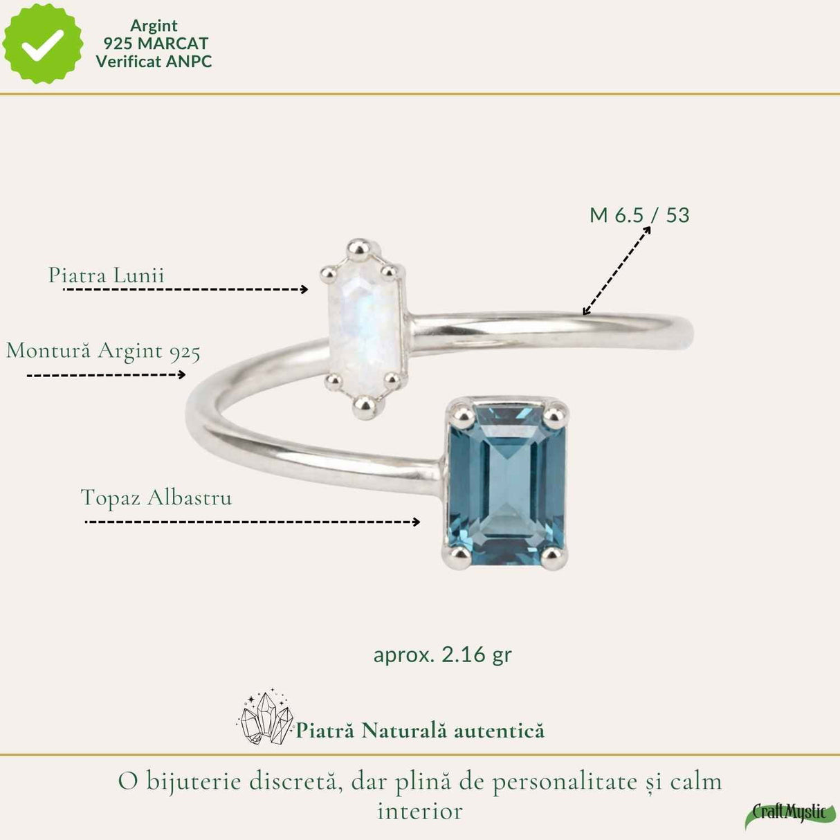 Inel argint 925 cu Topaz Albastru si Piatra Lunii dreptunghi – echilibru si claritate