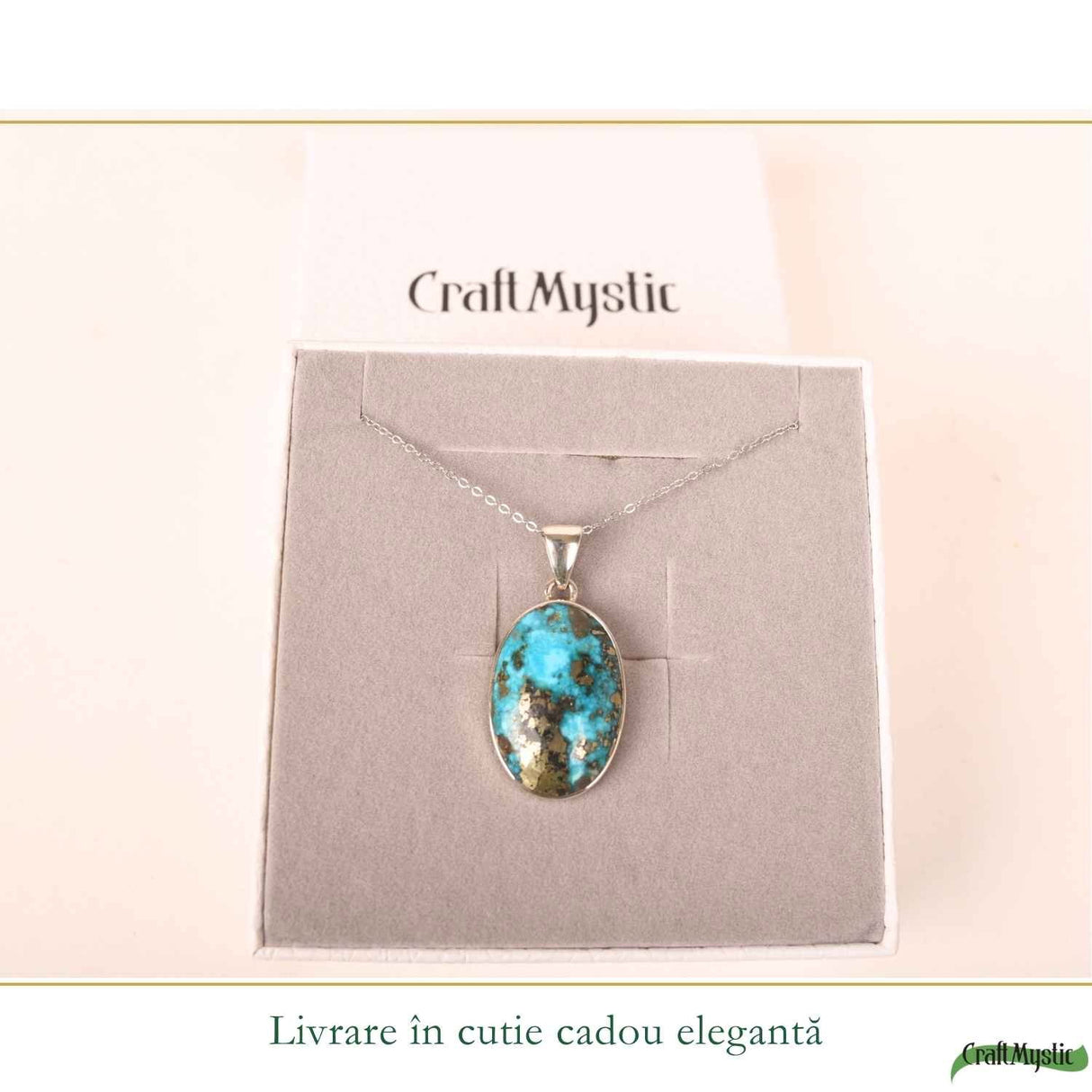 Colier argint 925 cu Turcoaz si Pirita oval – Protectie si incredere interioara