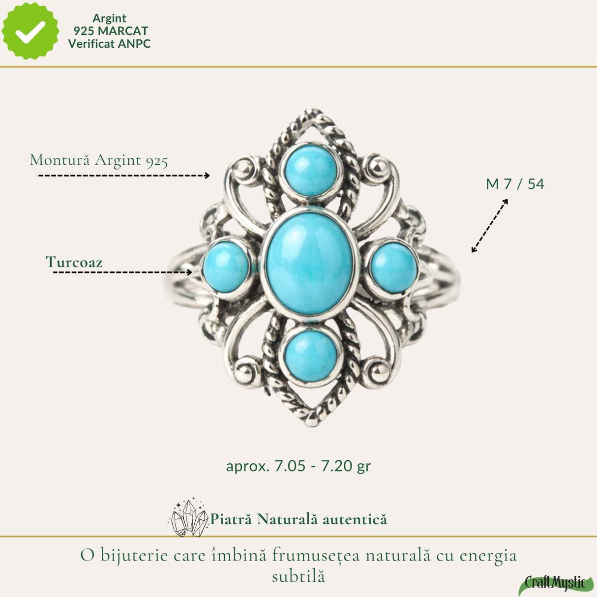 Inel Argint 925 cu Turcoaz Floare – Protectie si Echilibru Feminin