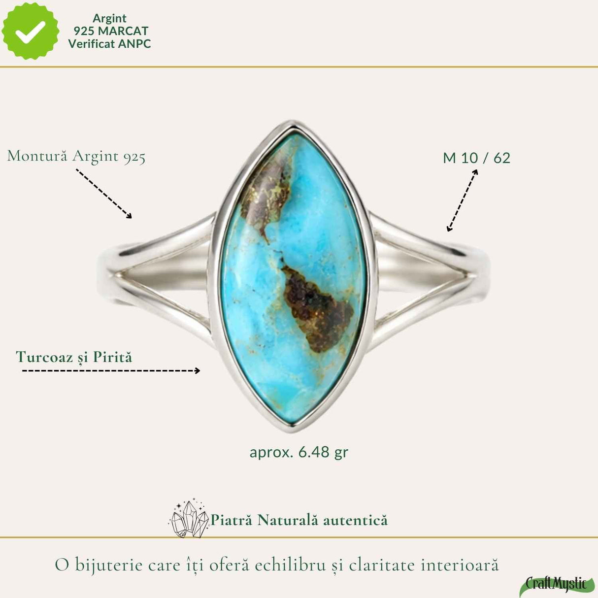 Inel Argint 925 cu Turcoaz si Pirita Delica – Protectie si Echilibru