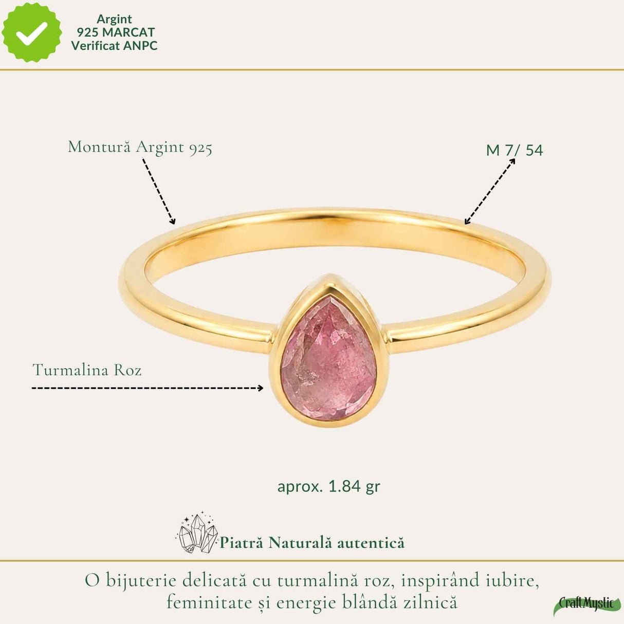 Inel Argint 925 cu Turmalina Roz Lacrima – Feminitate si Iubire Delicata