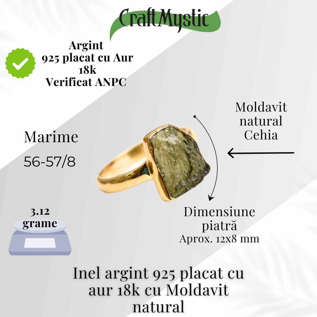 Inel argint 925 placat aur 18k cu Moldavit natural brut Marime 56-57 (EU) / 8 (US) - Stimuleaza Evolutia Interioara si Vindecarea Energetica