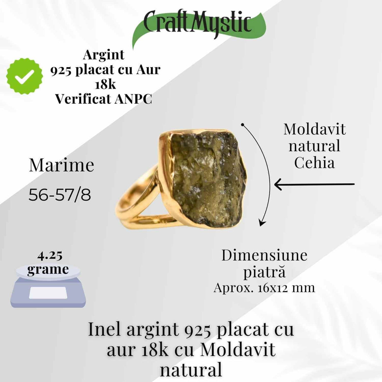 Inel argint 925 placat aur 18k cu Moldavit natural brut Marime 56-57 (EU) / 8 (US) - Stimuleaza Evolutia Interioara si Vindecarea Energetica