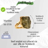 Inel argint 925 placat aur 18k cu Moldavit natural brut Marime 56-57 (EU) / 8 (US) - Stimuleaza Evolutia Interioara si Vindecarea Energetica