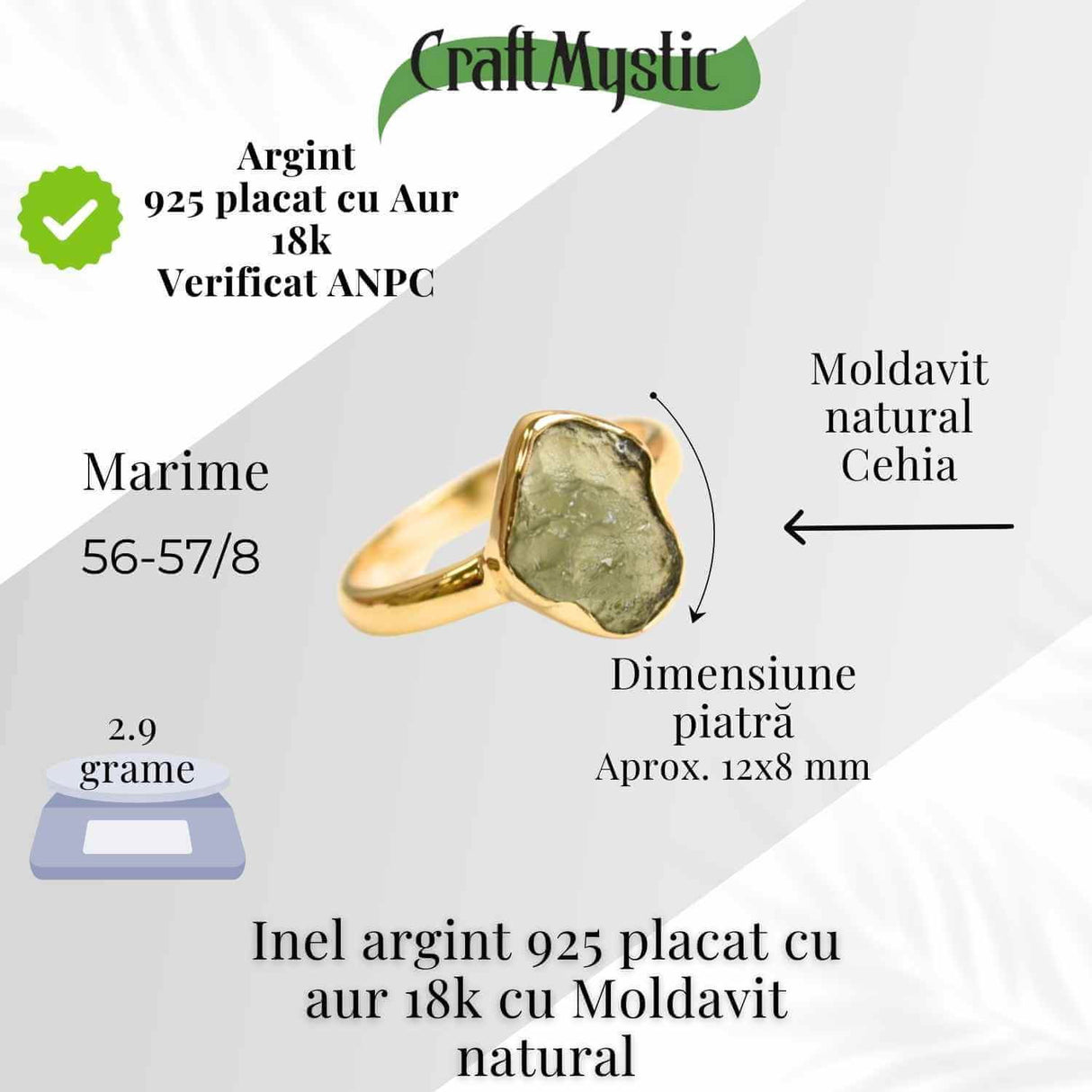 Inel argint 925 placat aur 18k cu Moldavit natural brut Marime 56-57 (EU) / 8 (US) - Stimuleaza Evolutia Interioara si Vindecarea Energetica