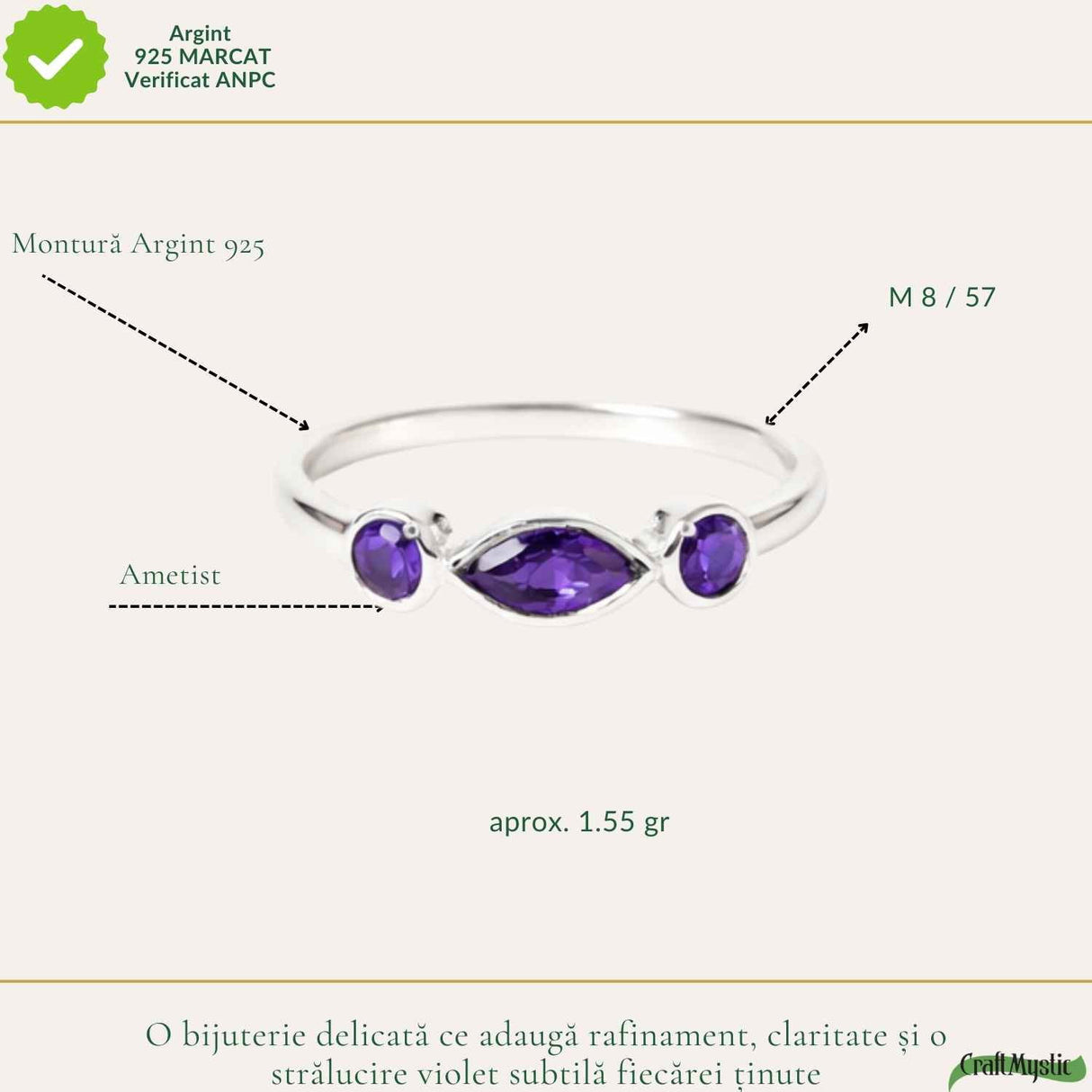 Inel Argint 925 cu 3 Pietre Ametist Natural Fatetat – Calm si Claritate Interioara