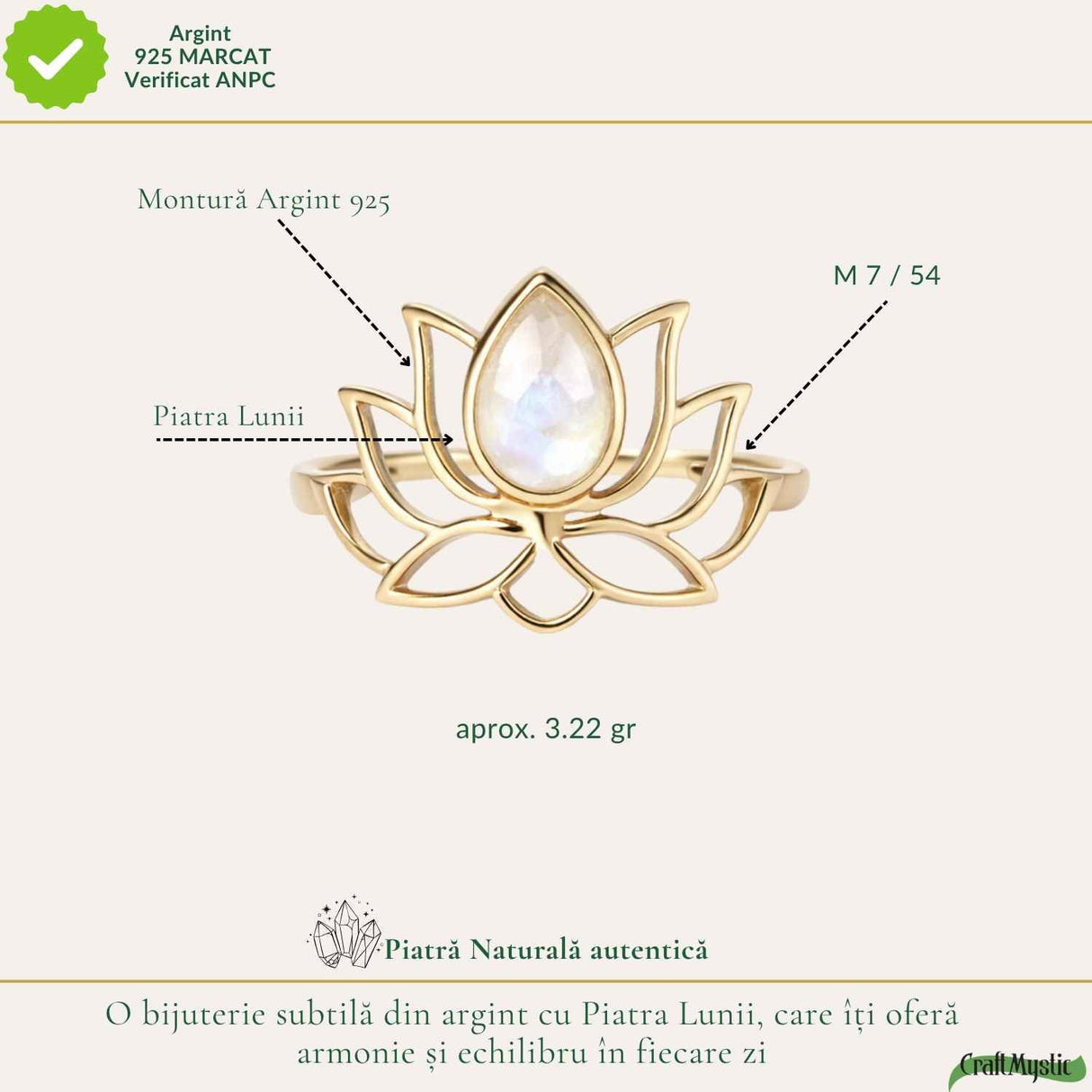 Inel Argint 925 Floare de Lotus cu Piatra Lunii – Echilibru si Liniste Interioara