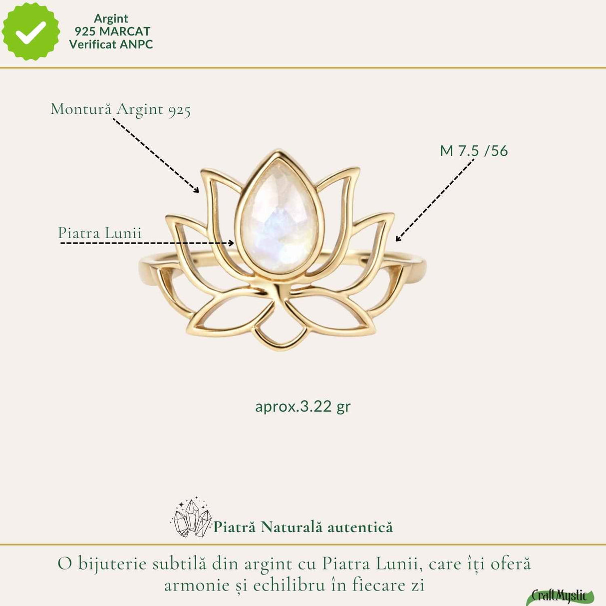 Inel Argint 925 Floare de Lotus cu Piatra Lunii – Echilibru si Liniste Interioara
