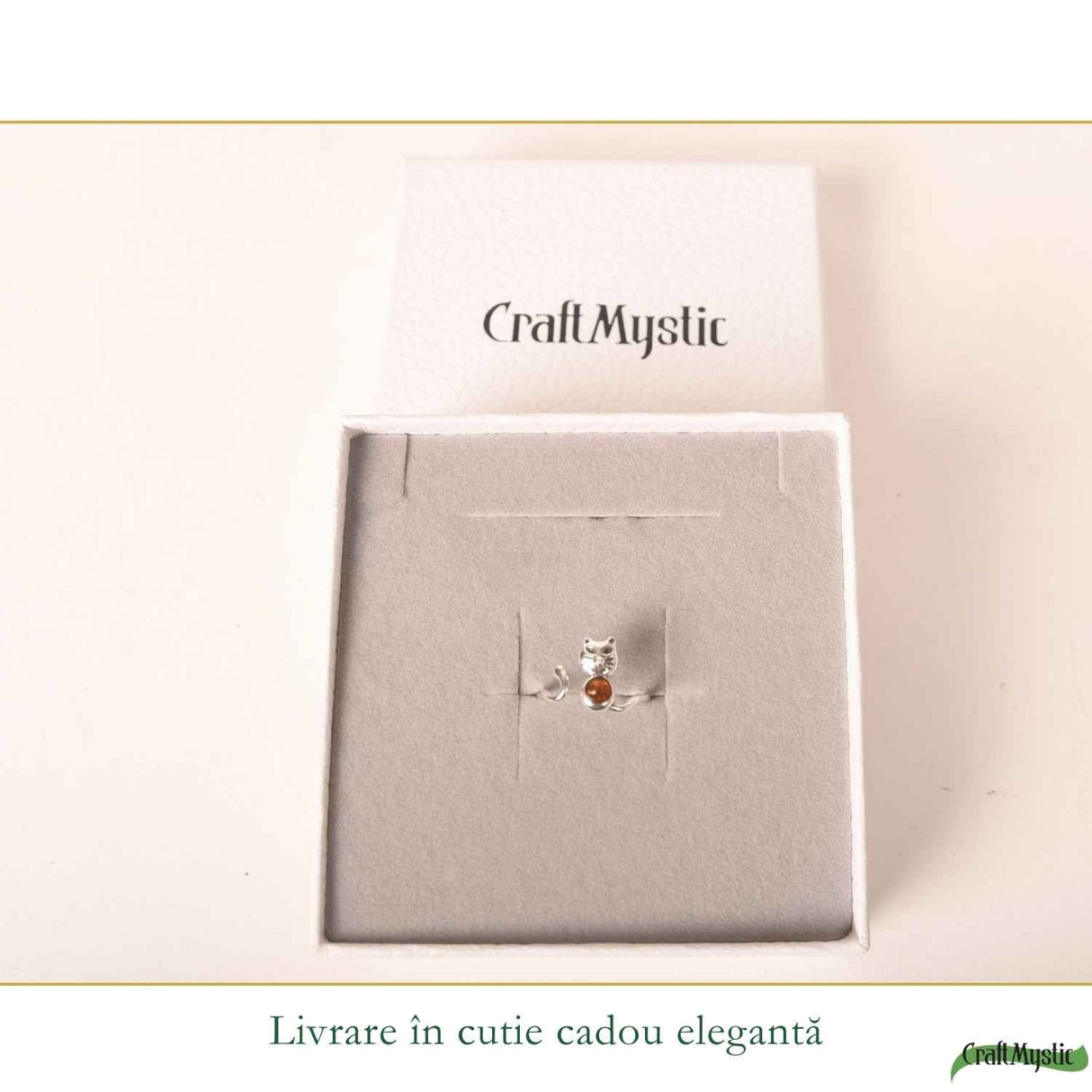 Inel Argint 925 cu Pisica si Chihlimbar Natural - Delicatețe, Intuitie si Energie Calda