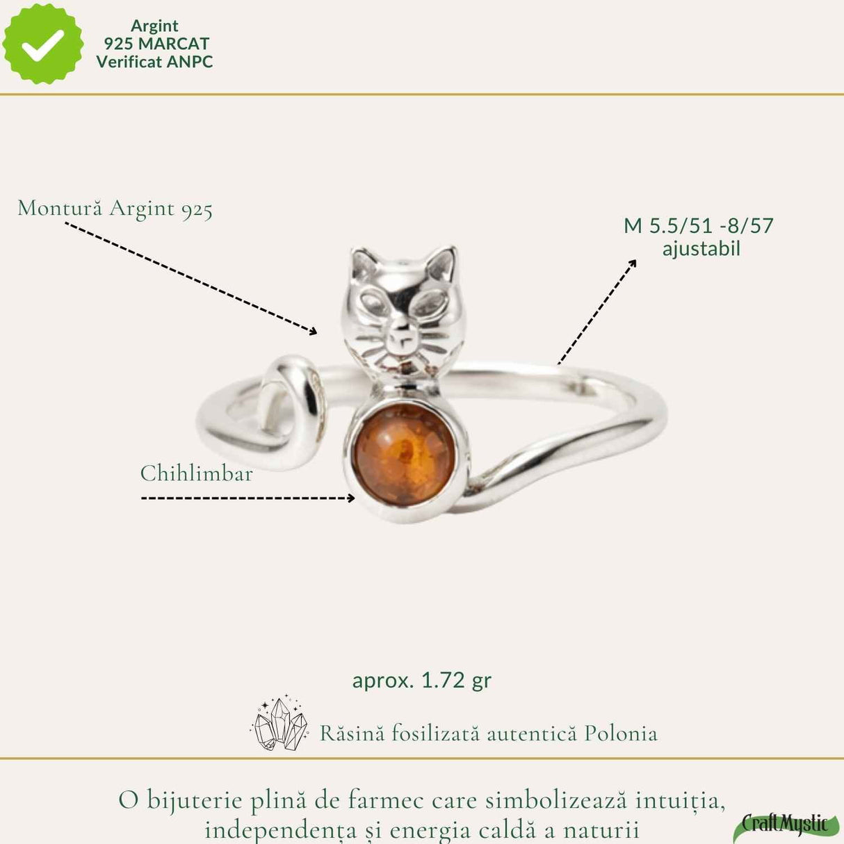 Inel Argint 925 cu Pisica si Chihlimbar Natural - Delicatețe, Intuitie si Energie Calda