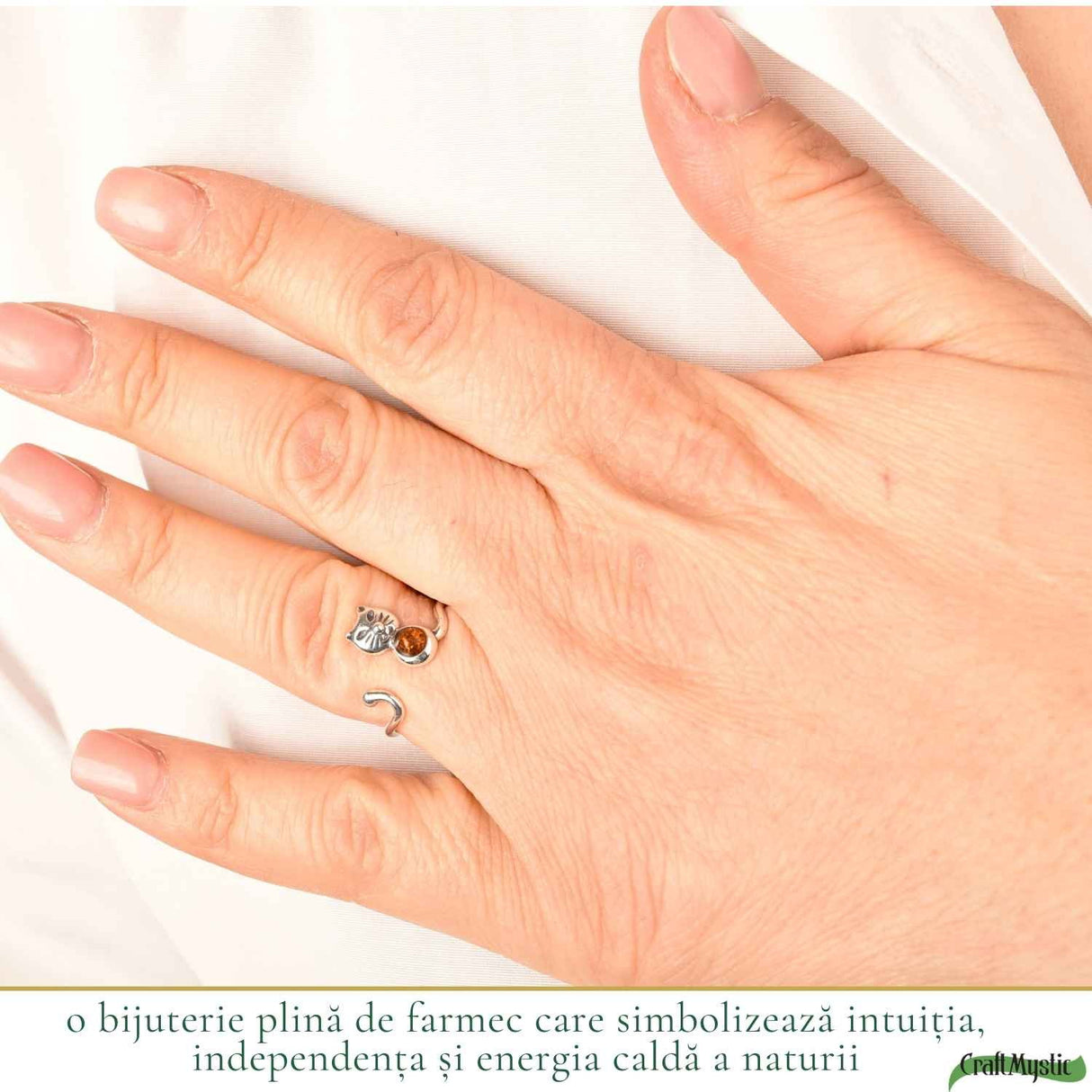 Inel Argint 925 cu Pisica si Chihlimbar Natural - Delicatețe, Intuitie si Energie Calda