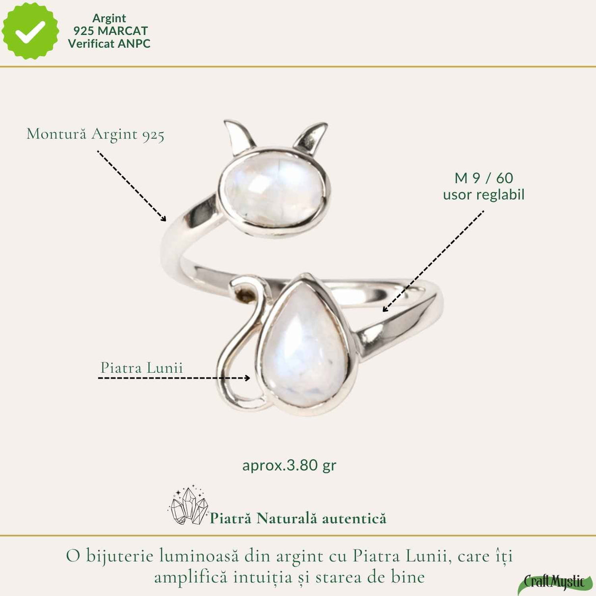 Inel Argint 925 Pisica cu Piatra Lunii – Intuitie si Protectie Feminina