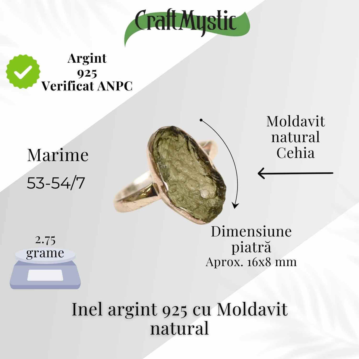 Inel argint 925 cu Moldavit natural brut Marime M52-53/6 - Piatra transformarii spirituale