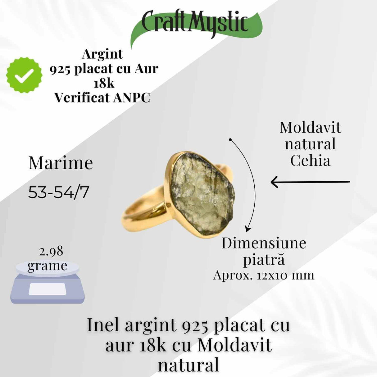 Inel argint 925 placat aur 18k cu Moldavit natural brut Marime 53-54 (EU) / 7 (US) - Piatra transformarii si protectiei