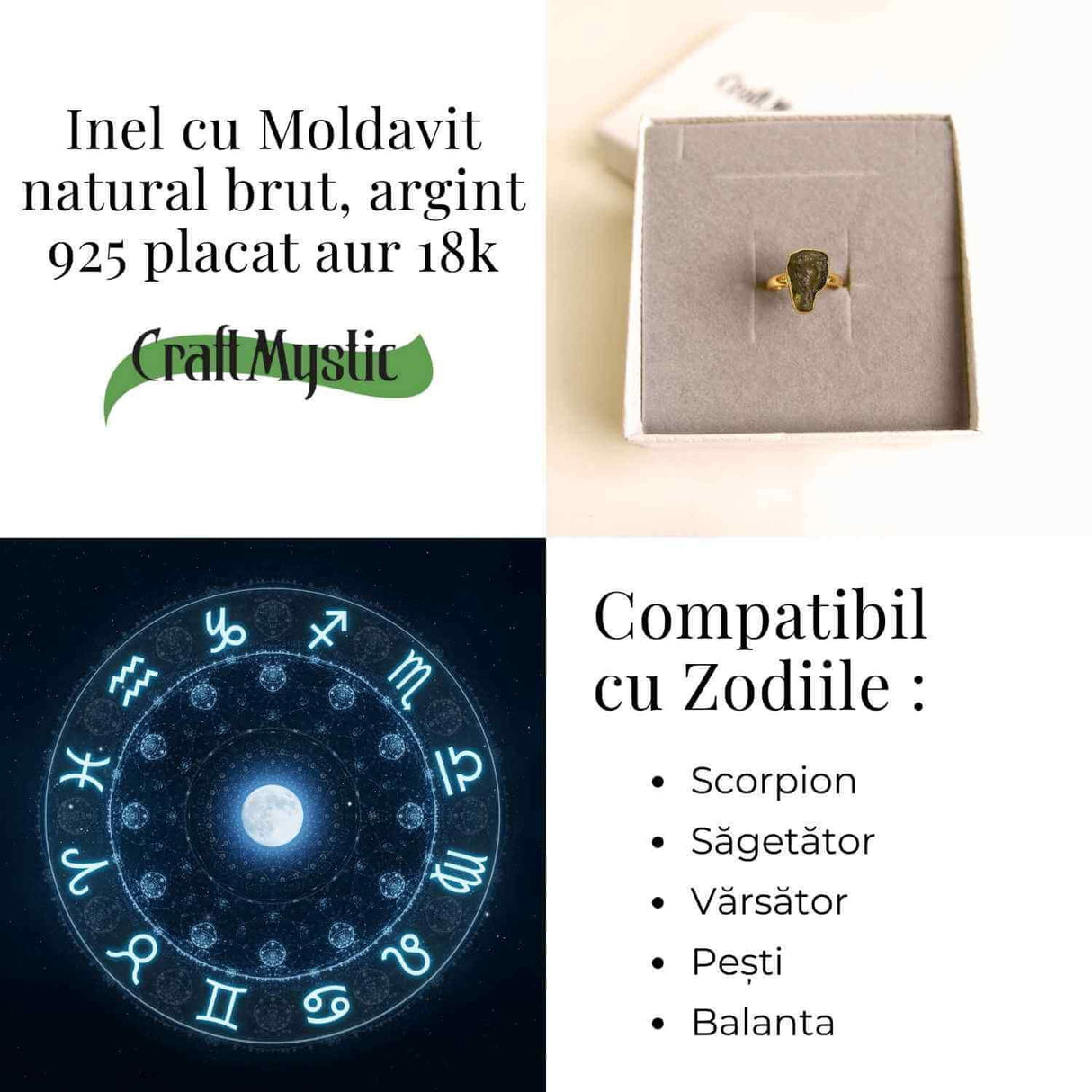 Inel argint 925 placat aur 18k cu Moldavit natural brut Marime 58-59 (EU) /9 (US) - Piatra transformarii si protectiei