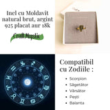 Inel argint 925 placat aur 18k cu Moldavit natural brut Marime 58-59 (EU) /9 (US) - Piatra transformarii si protectiei