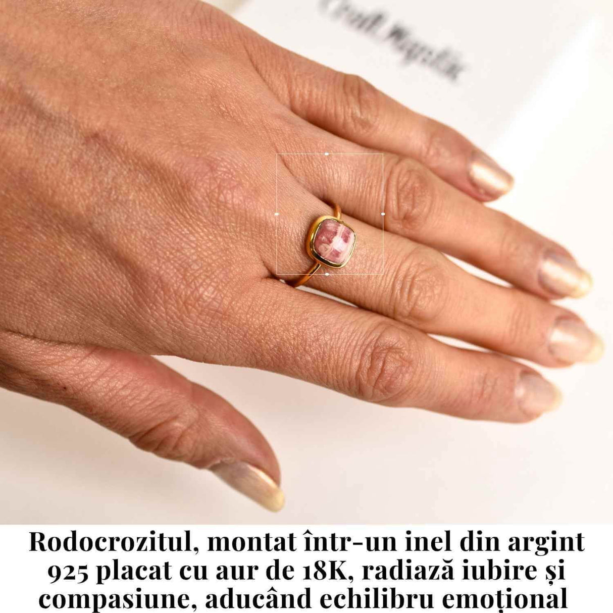 Inel Argint 925 placat cu aur 18K cu Rodocrozit Patrat - Iubire si Echilibru Emotional