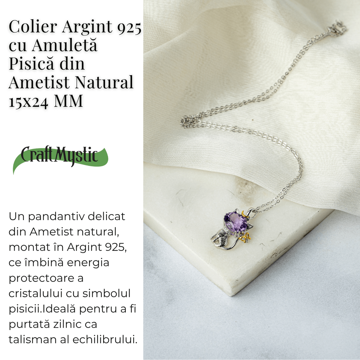 Colier Argint 925 cu Ametist Natural in Forma de Pisica - Claritate Spirituala si Protectie Energetica