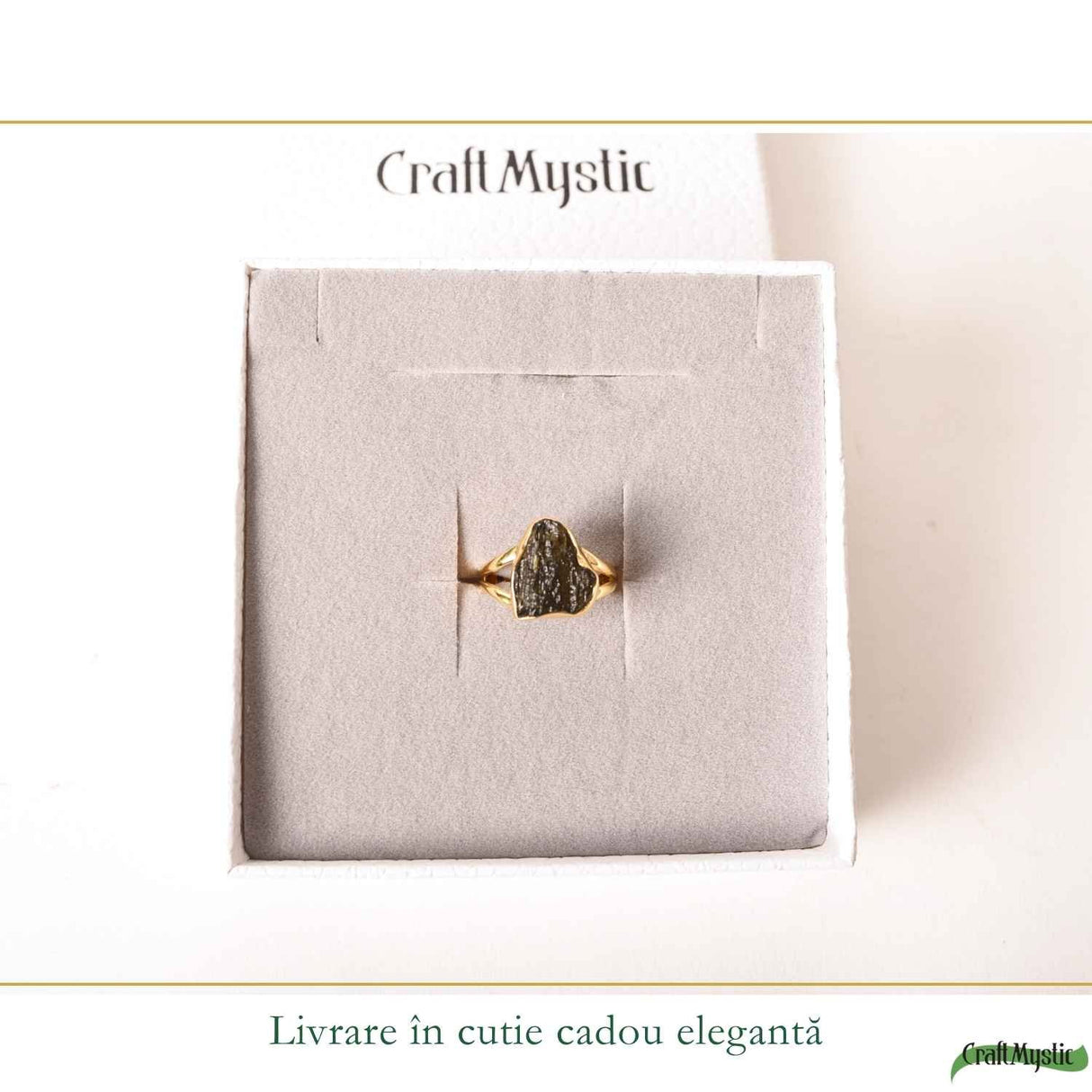 Inel cu Moldavit Brut, Argint 925 Placat Aur 18K, M8/56 - Protectie Energetica si Claritate