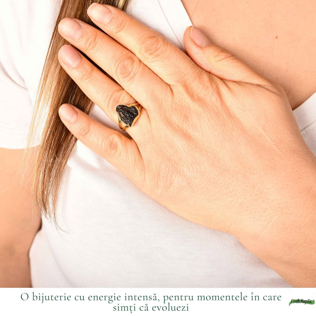 Inel cu Moldavit Brut, Argint 925 Placat Aur 18K, M8/56 - Protectie Energetica si Claritate