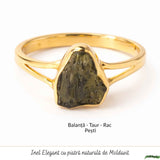 Inel cu Moldavit Brut, Argint 925 Placat Aur 18K, M8/56 - Protectie Energetica si Claritate
