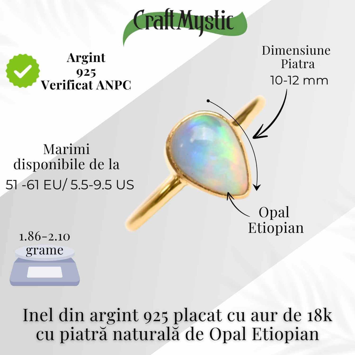 Inel argint 925 placat cu aur 18K cu Opal Etiopian lacrima - Lumina sufletului