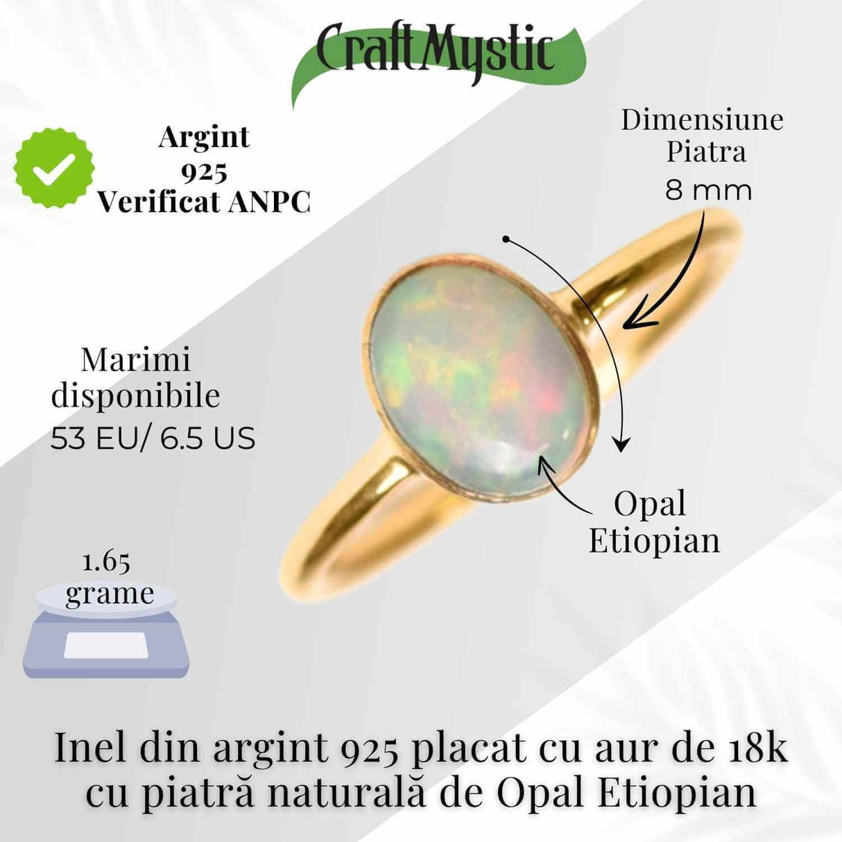 Inel argint 925 placat cu aur 18k cu Opal Etiopian oval - Lumina interioara si inspiratie divina