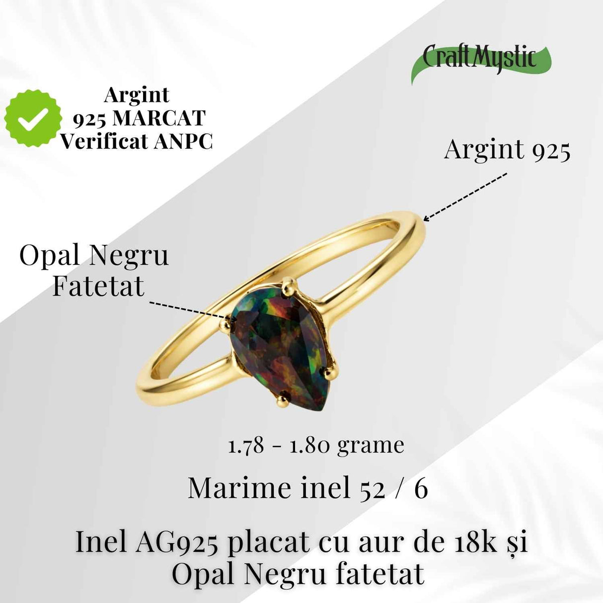 Inel Argint 925 placat cu aur 18K cu Opal Negru Fațetat oval- o reflexie profunda a intuitiei purtate cu gratie