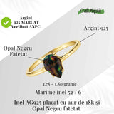 Inel Argint 925 placat cu aur 18K cu Opal Negru Fațetat oval- o reflexie profunda a intuitiei purtate cu gratie