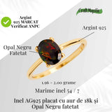 Inel Argint 925 placat cu aur 18K cu Opal Negru Fațetat oval- o reflexie profunda a intuitiei purtate cu gratie