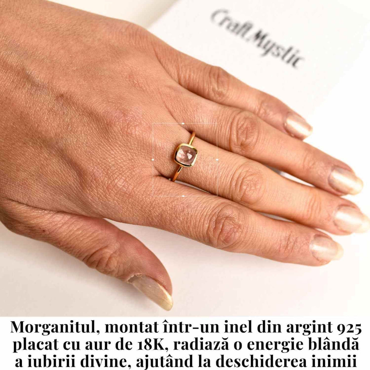 Inel Argint 925 placat cu Aur 18K cu Morganite Patrat - Iubire Divina si Echilibru Emotional