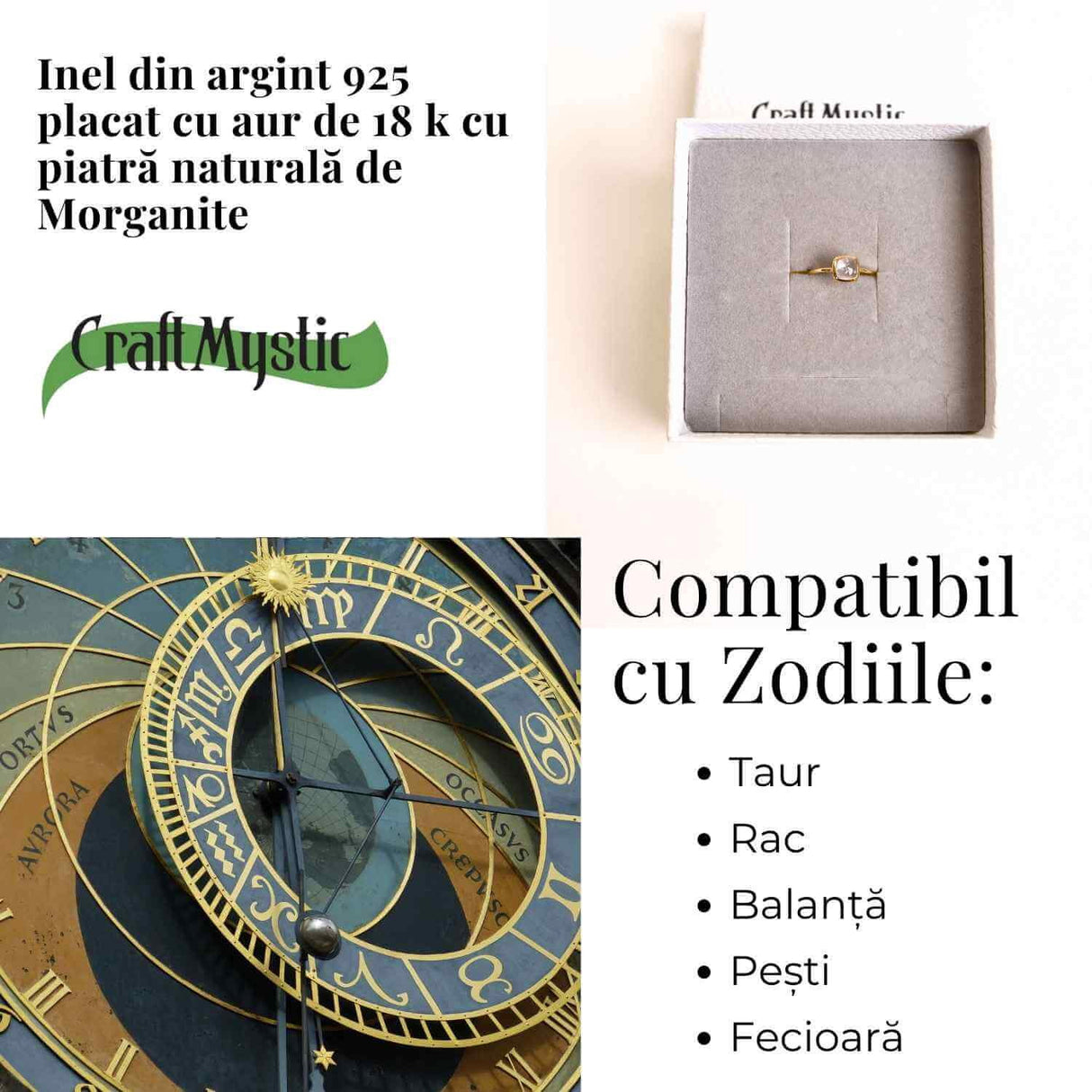 Inel Argint 925 placat cu Aur 18K cu Morganite Patrat - Iubire Divina si Echilibru Emotional