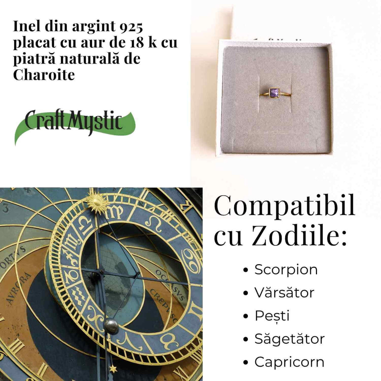Inel Argint 925 placat cu Aur 18K cu Charoite Patrat - Transformare Spirituala si Liniste Interioara