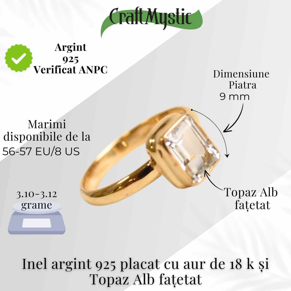 Inel Argint 925 placat cu Aur 18K si Topaz Alb Fatetat - Claritate si Eleganta