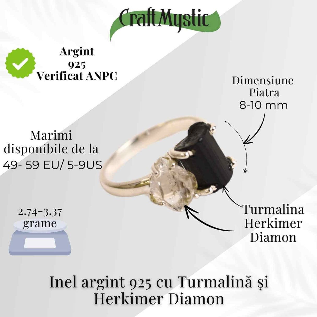 Inel argint 925 cu Turmalina si Herkimer Diamond - Protectie si Claritate Interioara